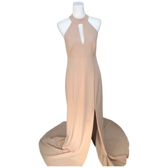 Amsale Fawn Halter Neck Fawn Color Gown Long dress NWT: $475 bridesmaid Sz  6